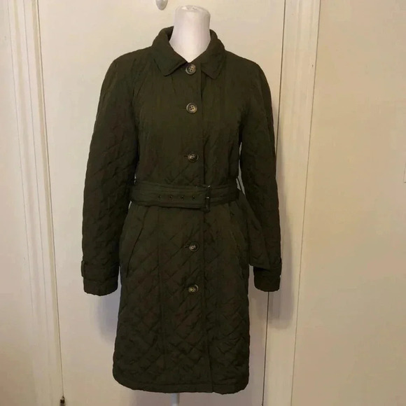 Talbots dark olive green quilted, belted coat.  Size S - Picture 1 of 12
